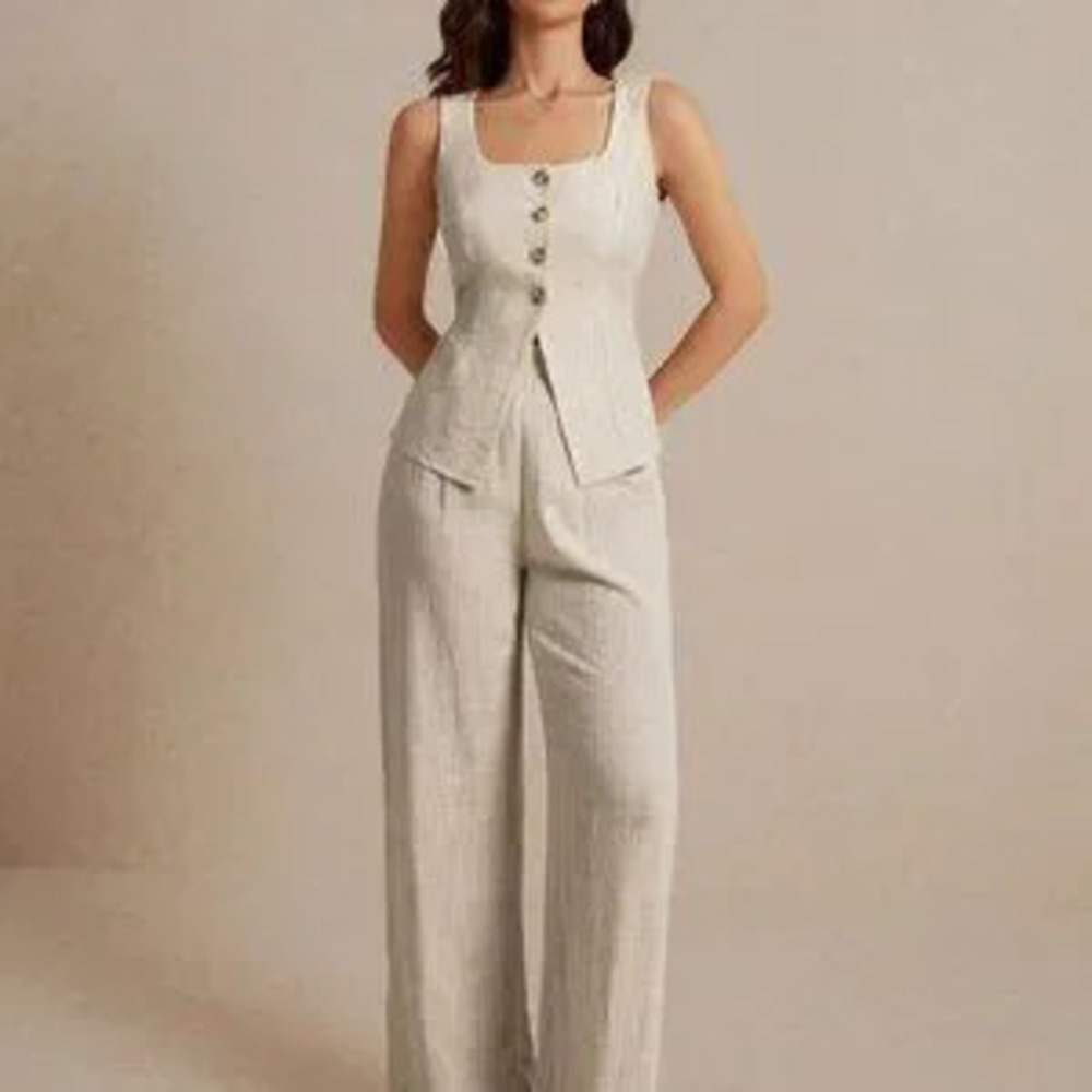 Khaki Casual Women's Summer Linen Color Linen Suit Vest Two-Piece Set